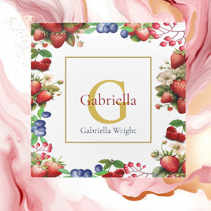 Red Strawberry Blue Berry Modern Gold Monogram  Glass Coaster