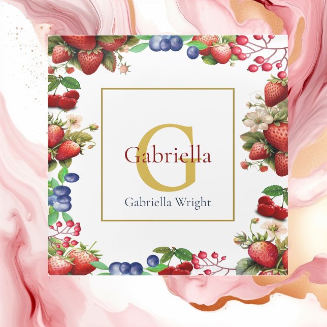 Red Strawberry Blue Berry Modern Gold Monogram  Glass Coaster (Red Strawberry Blue Berry Modern Gold Monogram Glass Coaster)