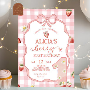  Red Strawberry Daisy Coquette Berry 1st Birthday Invitation