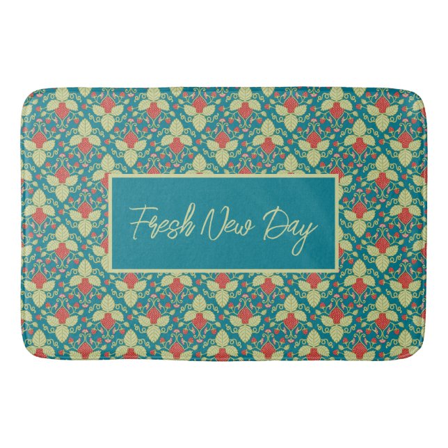Red Strawberry fruit and pink blossoms Bath Mat (Front)