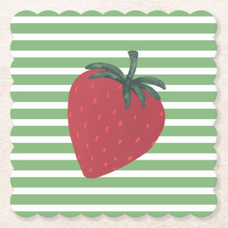 Red Strawberry Fruit and Stripes Paper Coaster