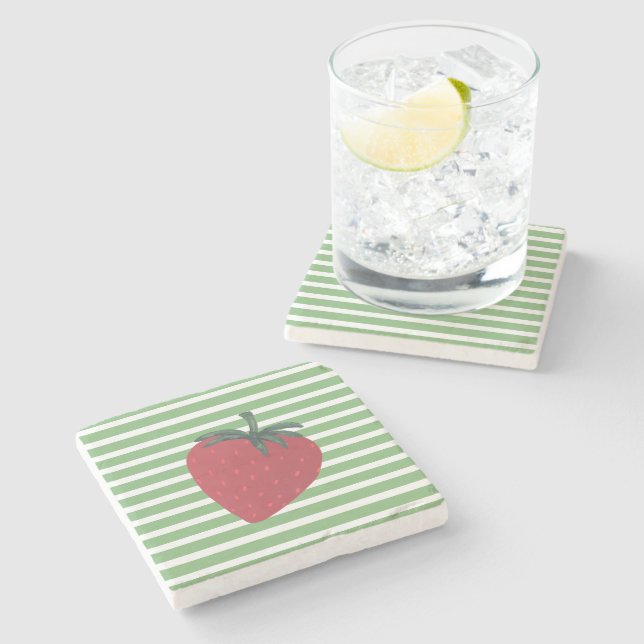 Red Strawberry Fruit and Stripes Stone Coaster (Side)