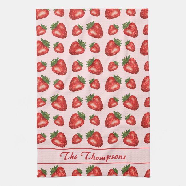 Red Strawberry Fruit Pattern On Pink With Text Tea Towel (Vertical)