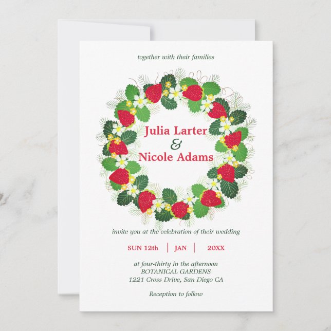 Red Strawberry Fruits Flowers Leaves Wedding Invitation (Front)