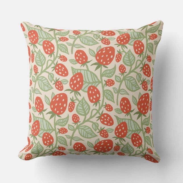 Red strawberry & green leaves pattern cushion (Front)