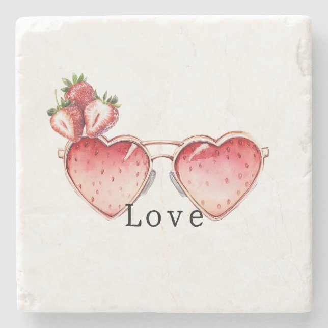 Red Strawberry Heart Colored Glasses Stone Coaster (Front)