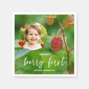 Red Strawberry & Kid's Photo Berry First Birthday Napkin