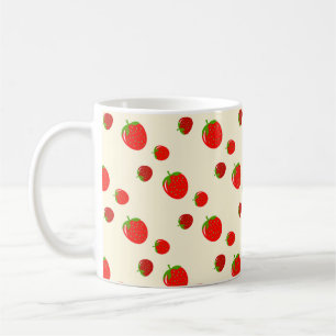 Red strawberry pattern on pale pink coffee mug