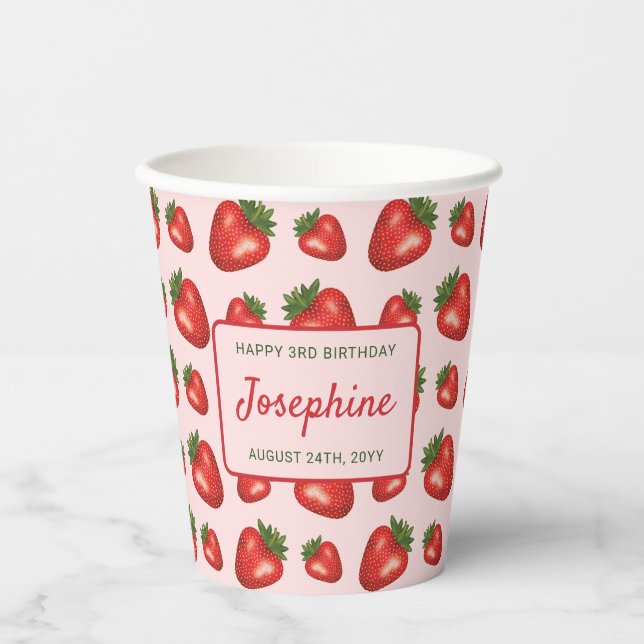 Red Strawberry Pattern On Pink Happy Birthday Paper Cups (Front)