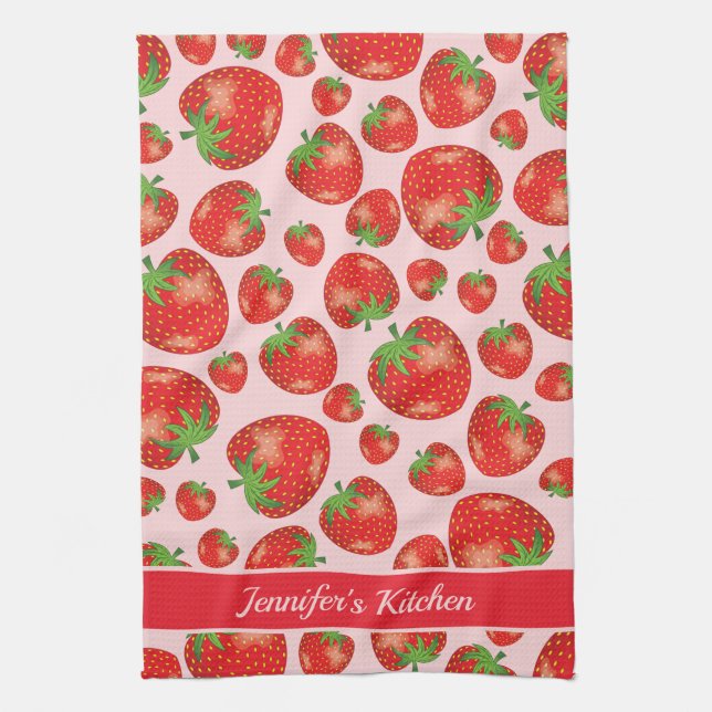 Red Strawberry Pattern With Custom Text Tea Towel (Vertical)