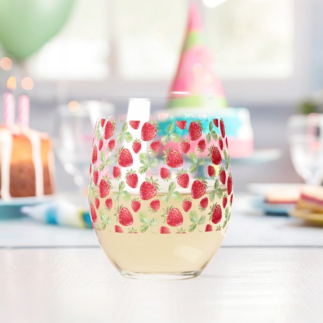 Red Strawberry pink Birthday Party for her Stemless Wine Glass (Insitu (Birthday))