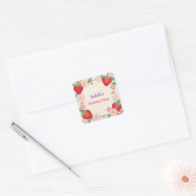 Red Strawberry pink Birthday Party for kids Square Sticker (Envelope)
