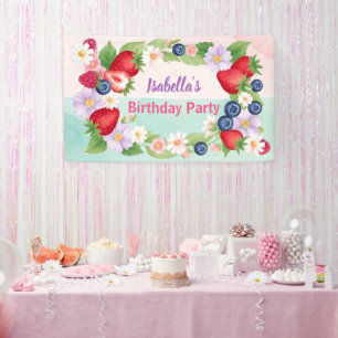 Red Strawberry pink Daisy Birthday Party for her Banner