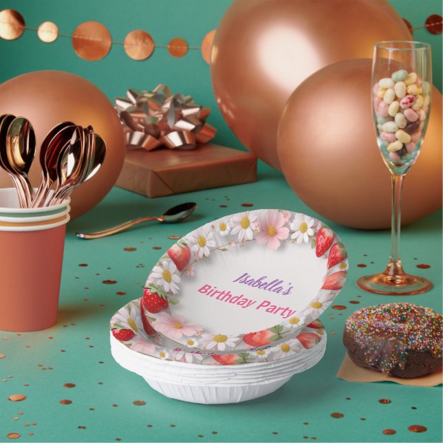 Red Strawberry pink Daisy Birthday Party for her Paper Plate (Multi)