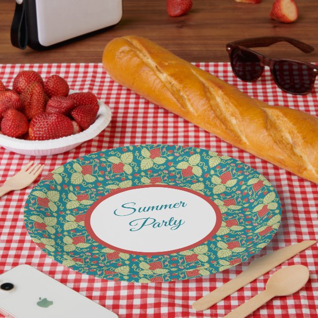 Red Strawberry & Pink Flower & Vines Paper Plate (Picnic)
