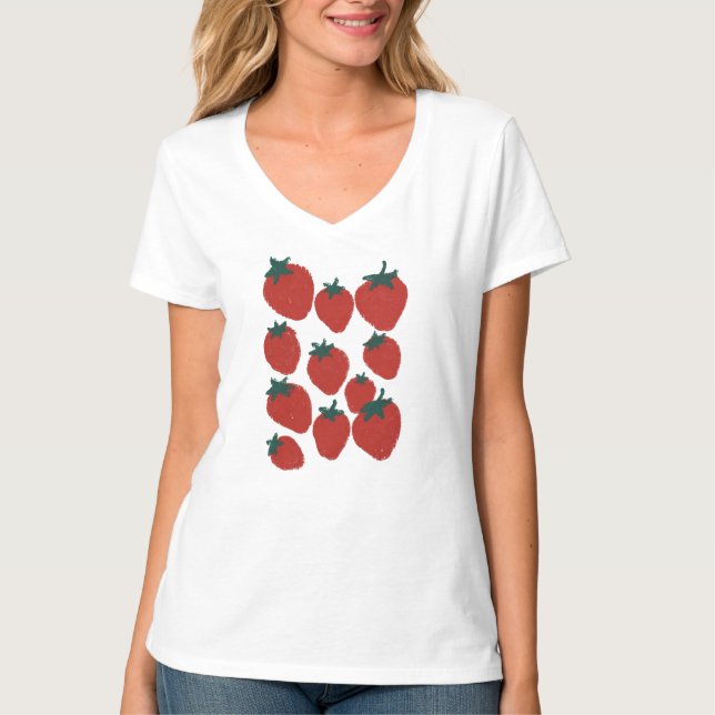 Red Strawberry Risograph Print Fruit Pattern Art T-Shirt (Front)