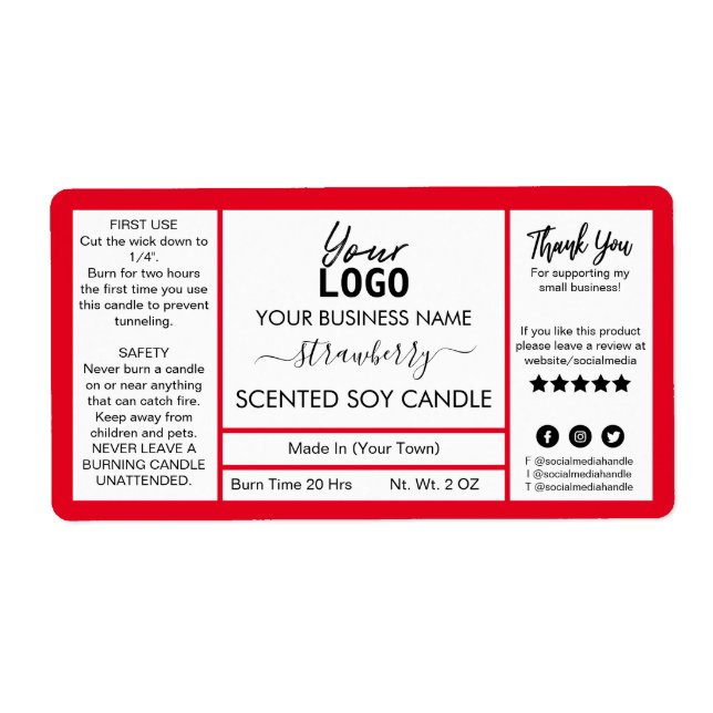 Red Strawberry Scented Soy Candle Label (Front)