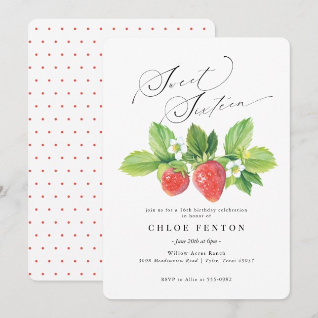 Red Strawberry Sweet Sixteen Birthday Invitation (Front/Back)