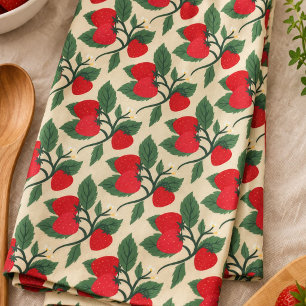 Red Strawberry Vine Monogram Vintage Tea Towel