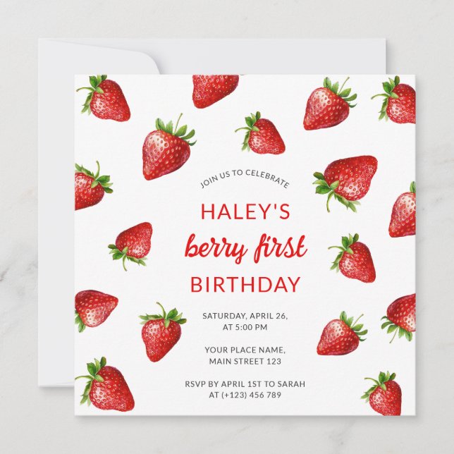 Red Strawberry Watercolor Berry 1st Baby Birthday Invitation (Front)