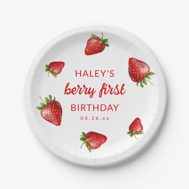 Red Strawberry Watercolor Berry 1st Baby Birthday Paper Plate (Front)