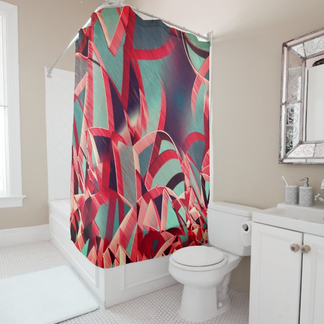 Red streaks over grey or blue, drizzled image shower curtain (In Situ)