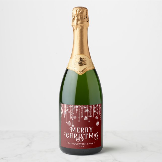 Red String Lights Christmas Party Sparkling Wine Label (Front)
