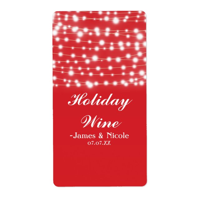 Red String Lights Holiday Party Wine Label (Front)