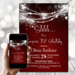 Red String Lights Surprise 75th Birthday Party Invitation