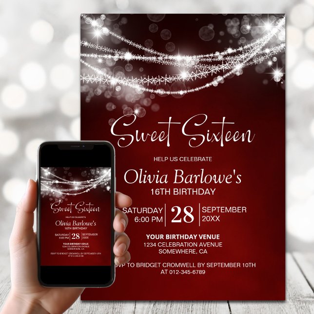 Red String Lights Sweet Sixteen Birthday Party Invitation (Creator Uploaded)