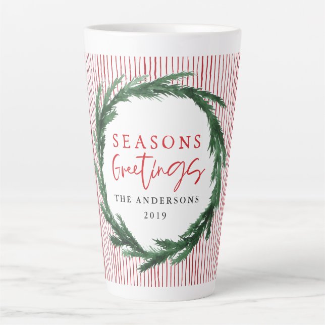 Red stripe and watercolour wreath Christmas Latte Mug (Front)