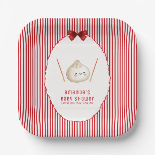 Red Stripe Bow Asian Dumpling Baby Shower  Paper Plate