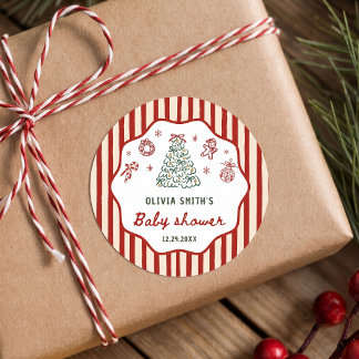 Red Stripe Christmas Baby Shower Classic Round Sticker