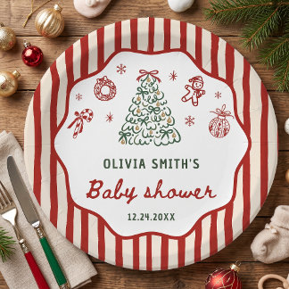Red Stripe Christmas Baby Shower Paper Plate
