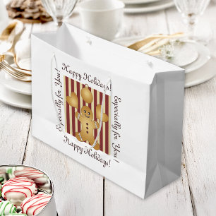 Red Stripe Christmas Cookie Cute Gingerbread Man Large Gift Bag