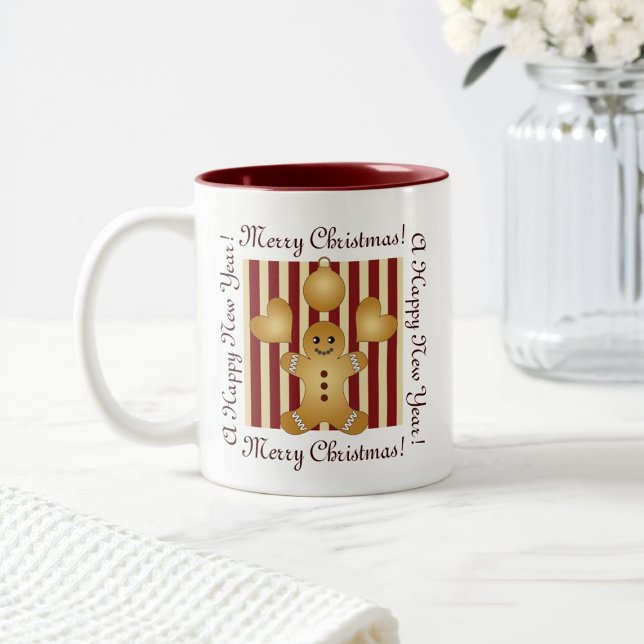 Red Stripe Christmas Cookie Cute Gingerbread Man Two-Tone Coffee Mug (Creator Uploaded)