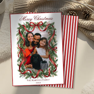 Red Stripe Fir Wreath Garland Bow Photo Christmas Holiday Card