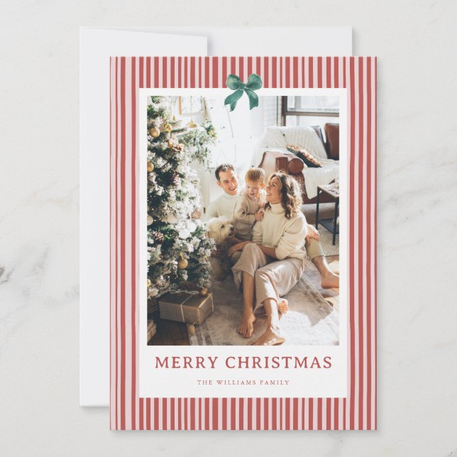 Red Stripe Green Bow Christmas Photo Holiday Card (Front)