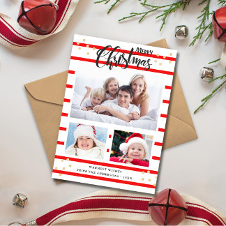 Red Stripe Merry Christmas 3 Photo Collage Card