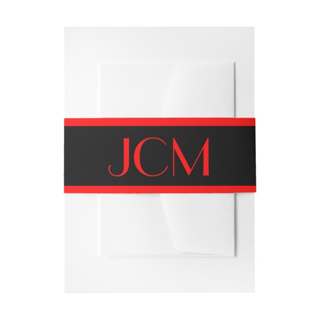 Red Stripe Monogram Initials on Black Invitation Belly Band (Front Example)