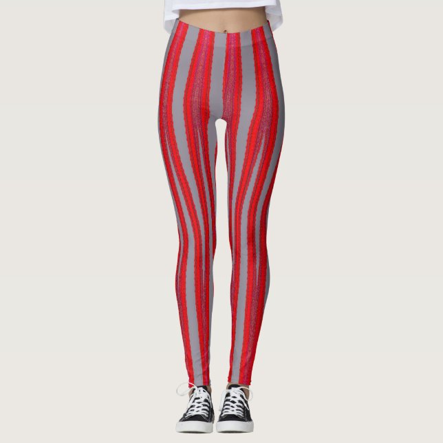 Red Stripe Pattern Yoga Gym Exercise Leggings (Front)