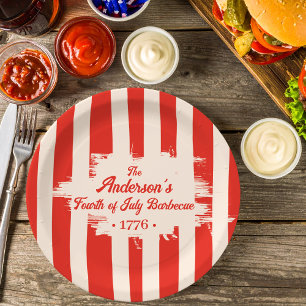Red Stripe White & Blue Family Name Barbecue Paper Plate