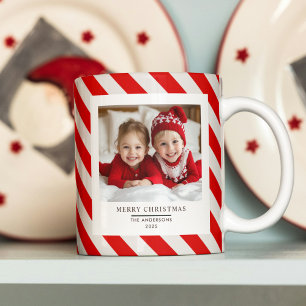 "Red Stripe with Photo Merry Christmas and Name  Coffee Mug