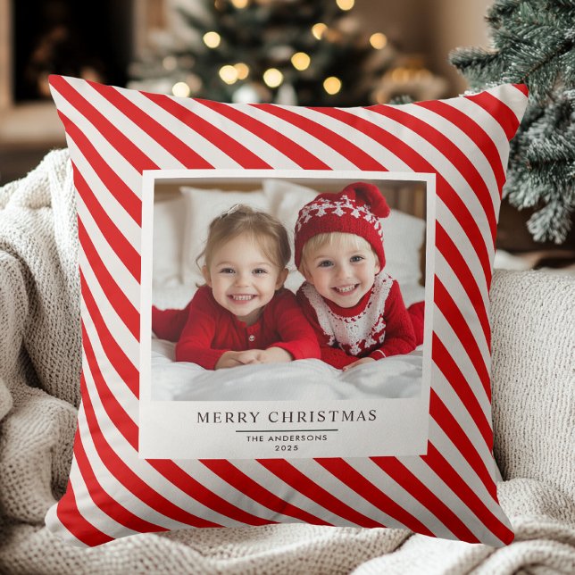 Red Stripe with Photo Merry Christmas and Name  Cushion (Creator Uploaded)