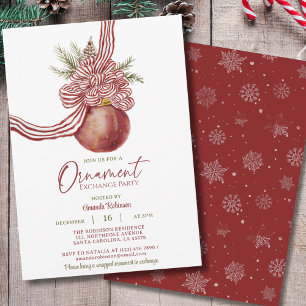 Red Striped Bow Ornament Christmas Exchange Party Invitation