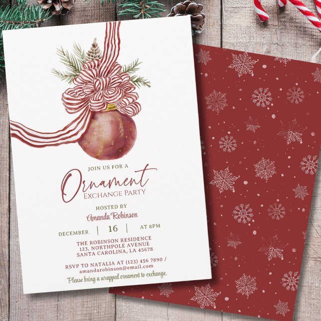 Red Striped Bow Ornament Christmas Exchange Party Invitation (Creator Uploaded)