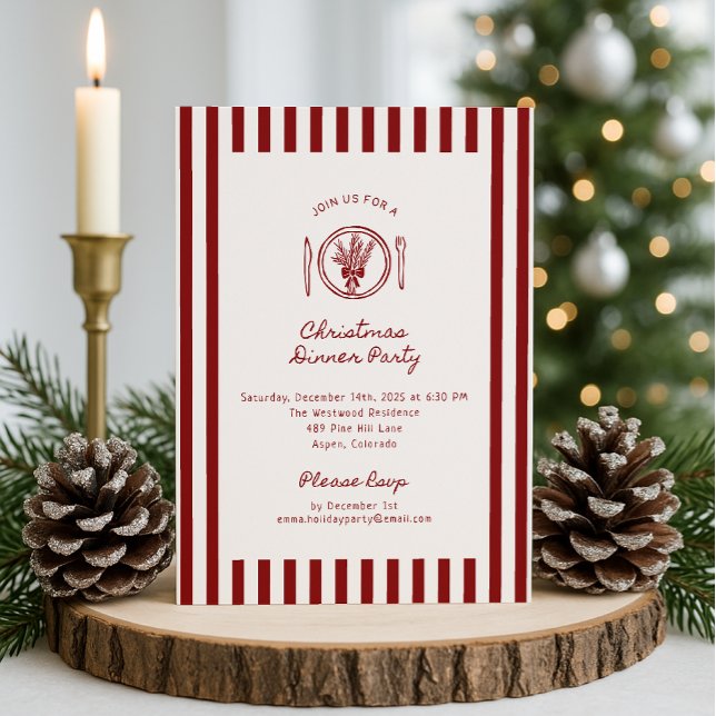 Red, Striped Christmas Dinner Party  Invitation (Creator Uploaded)