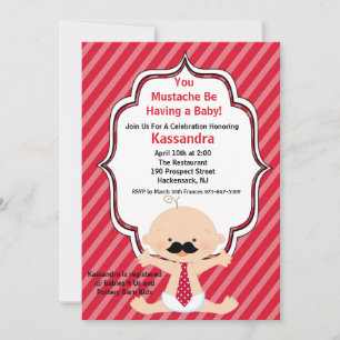 Red Striped Moustache Baby Shower Invitation