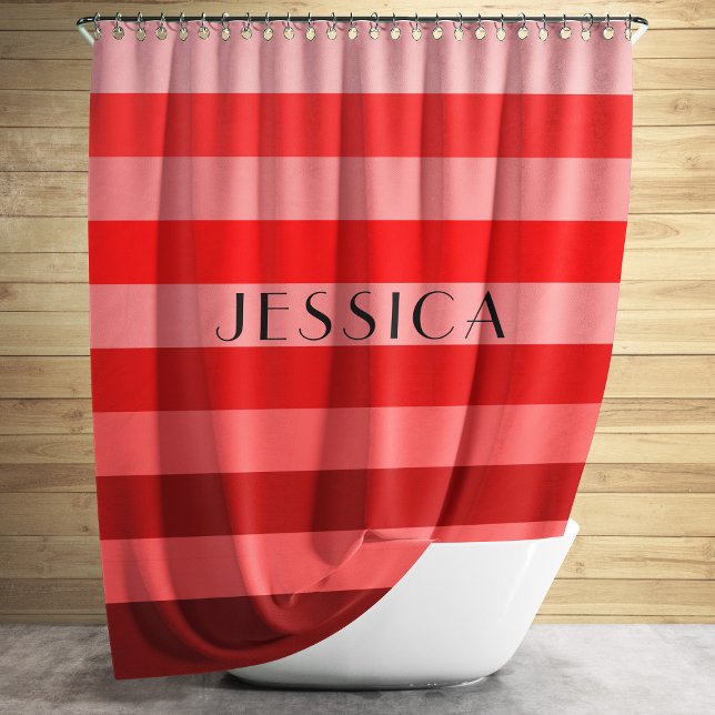 Red Striped Pattern Personalised Name Shower Curtain (Creator Uploaded)