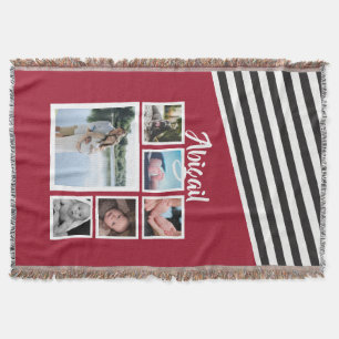 Red Striped Unique Personalised Photo Collage Throw Blanket